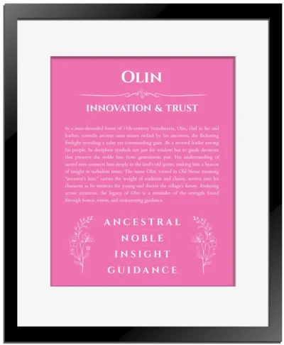 Olin personalized name print with origin and traits in pink with black matte frame