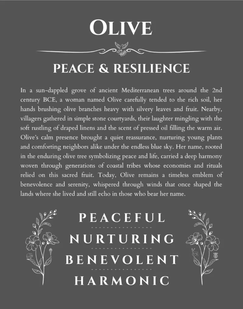 Olive personalized wall art with the story of your name in gray