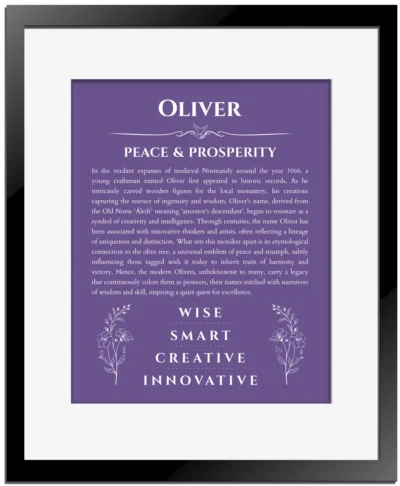 Oliver custom name print for wall display in purple with black matte frame