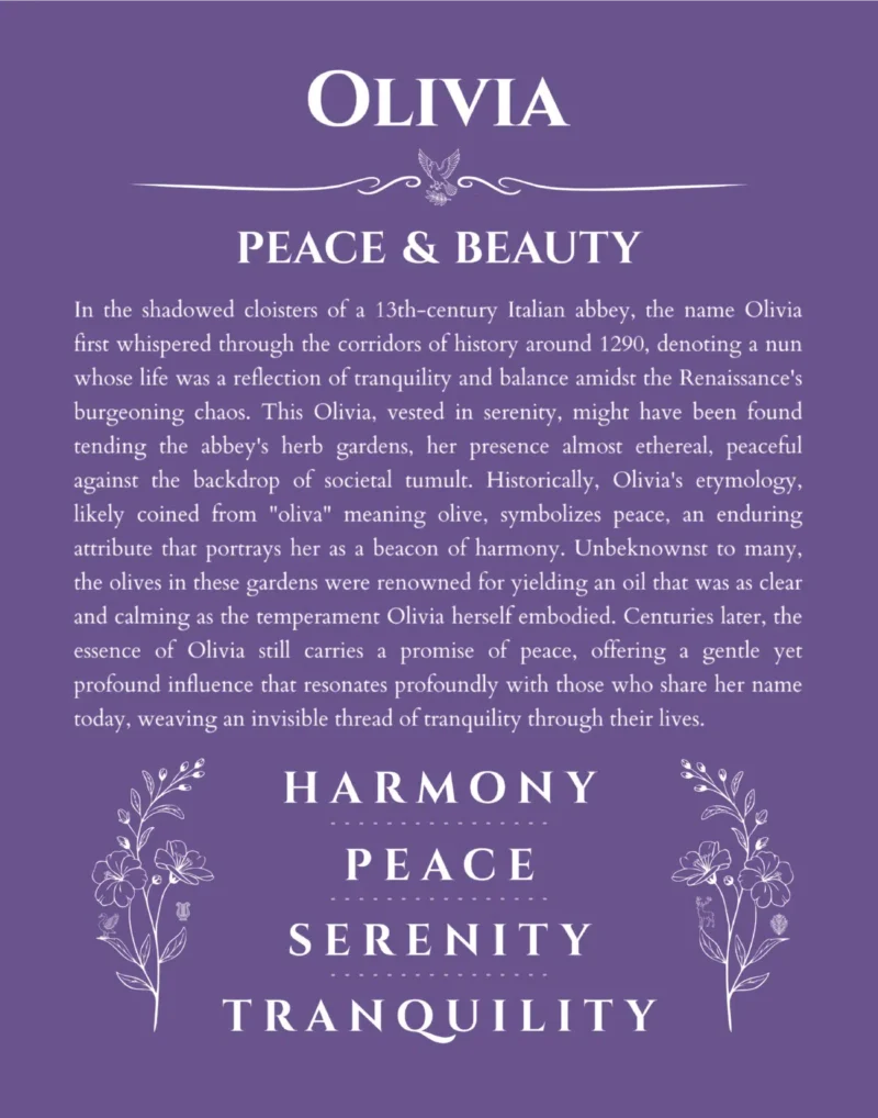 Olivia personalized name print with origin and traits in purple