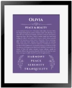 Olivia personalized name print with origin and traits in purple with black matte frame