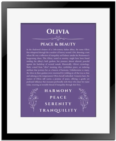 Olivia personalized name print with origin and traits in purple with black matte frame