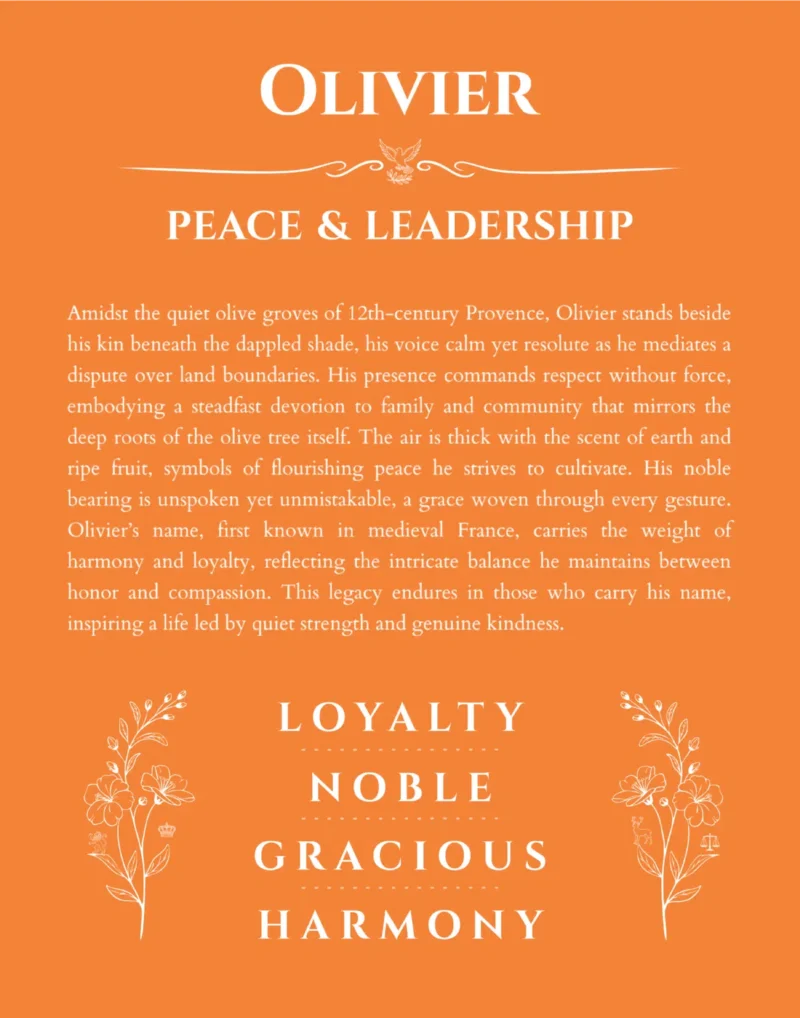 Olivier personalized name art with origin story in orange