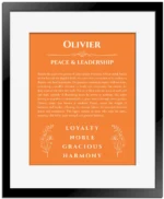 Olivier personalized name art with origin story in orange with black matte frame