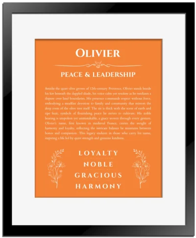 Olivier personalized name art with origin story in orange with black matte frame