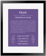 Ollie name meaning wall art by Get Your Story in purple with black matte frame