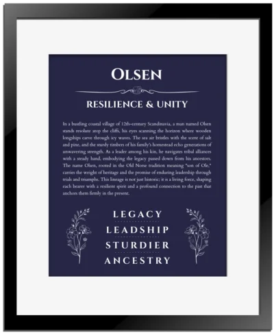 Olsen personalized name print with origin and traits in navy blue with black matte frame