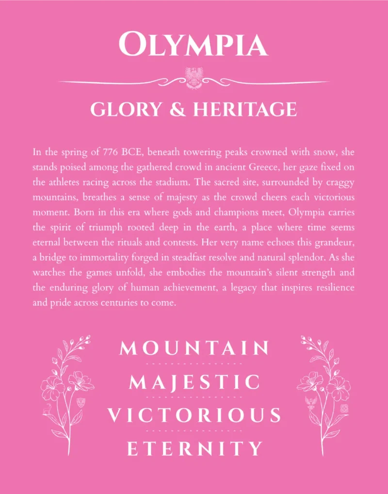 Olympia name origin print with meaning and traits in pink