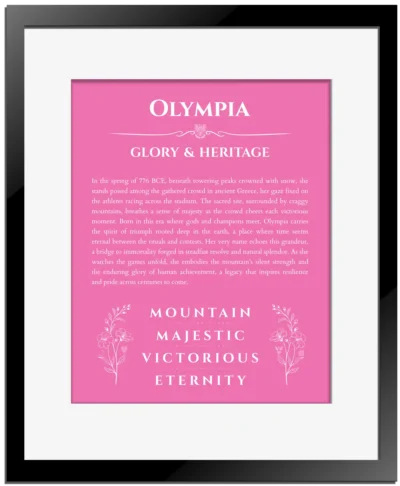 Olympia name origin print with meaning and traits in pink with black matte frame