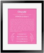 Omari name meaning gift print in pink with black matte frame