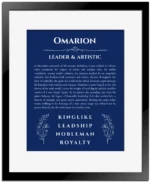Omarion custom name print for wall display in deep blue with black matte frame