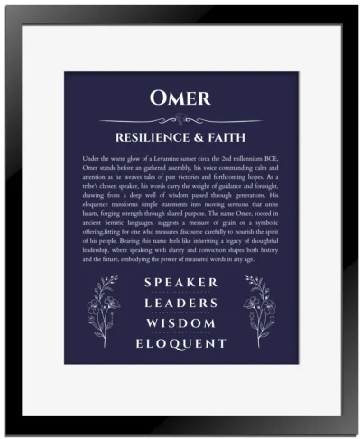 Omer custom name print for wall display in navy blue with black matte frame