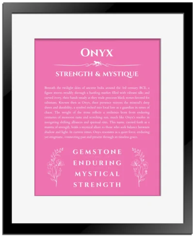 Onyx personalized name print with origin and traits in pink with black matte frame