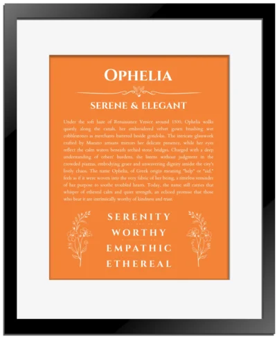 Ophelia name meaning wall art by Get Your Story in orange with black matte frame