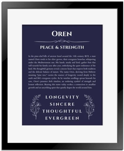 Oren personalized name print with origin and traits in navy blue with black matte frame