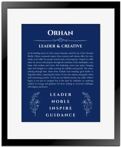Orhan custom name meaning print in deep blue with black matte frame