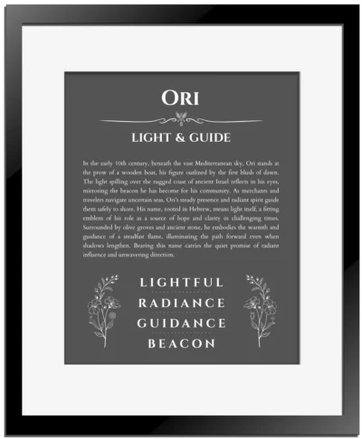 Ori custom name meaning print in gray with black matte frame