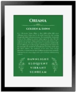 Oriana personalized wall art with the story of your name in dark green with black matte frame