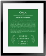 Orla name meaning wall art by Get Your Story in dark green with black matte frame
