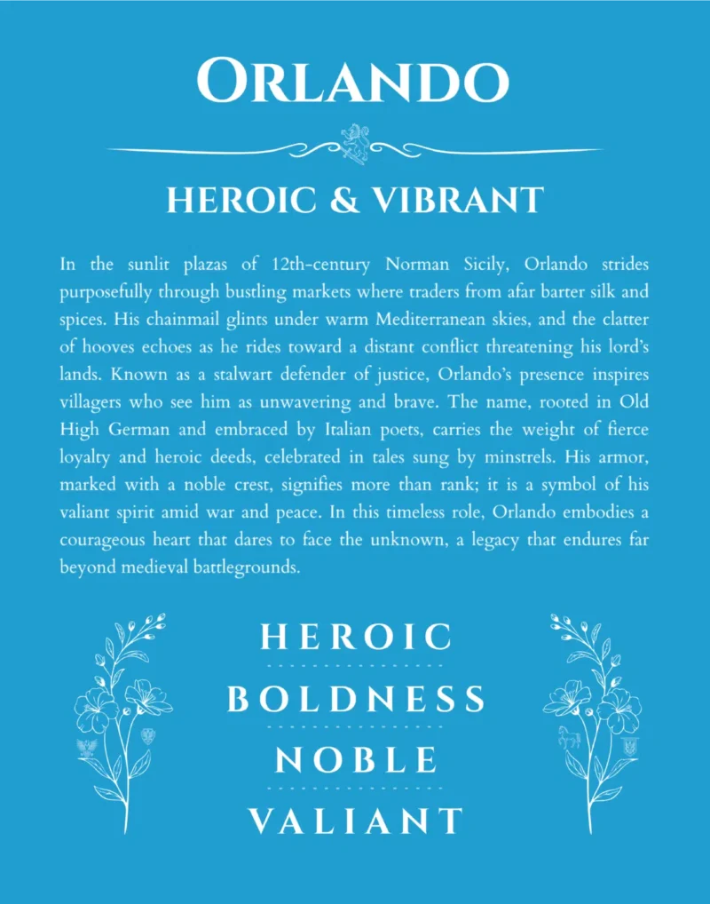 Orlando personalized name art with origin story in blue