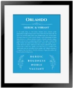 Orlando personalized name art with origin story in blue with black matte frame