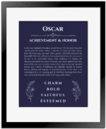Oscar name meaning wall art by Get Your Story in navy blue with black matte frame