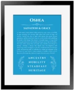 Oshea name meaning wall art by Get Your Story in blue with black matte frame