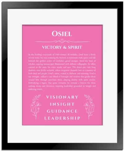 Osiel custom name meaning print in pink with black matte frame