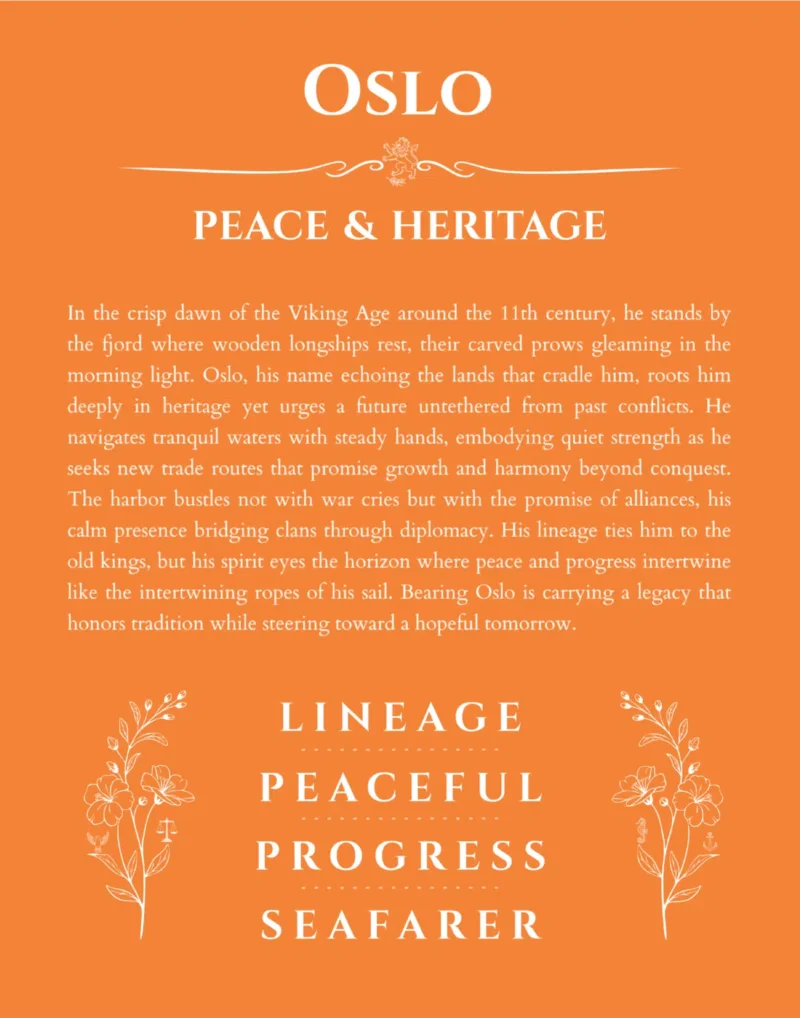 Oslo personalized name art with origin story in orange