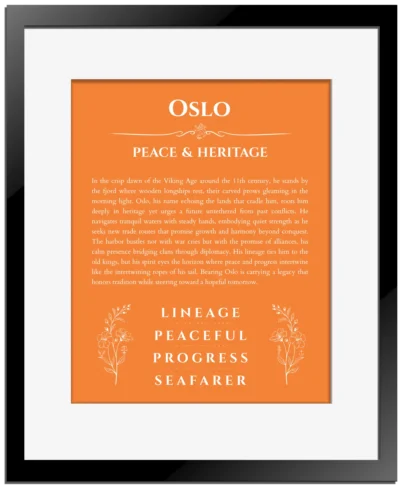 Oslo personalized name art with origin story in orange with black matte frame