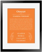 Osman personalized wall art with the story of your name in orange with black matte frame