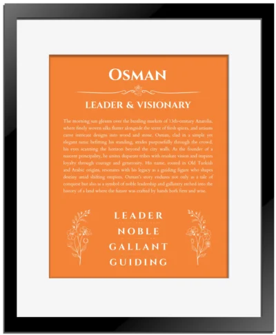 Osman personalized wall art with the story of your name in orange with black matte frame