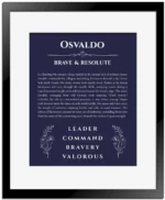 Osvaldo custom name art showing meaning and origin in navy blue with black matte frame