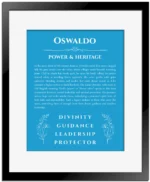 Oswaldo personalized name print with origin and traits in blue with black matte frame