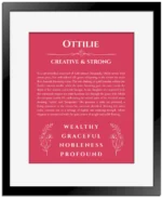 Ottilie name origin print with meaning and traits in red with black matte frame