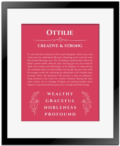 Ottilie name origin print with meaning and traits in red with black matte frame