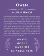 Owen personalized name print with origin and traits in purple