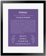 Owen personalized name print with origin and traits in purple with black matte frame