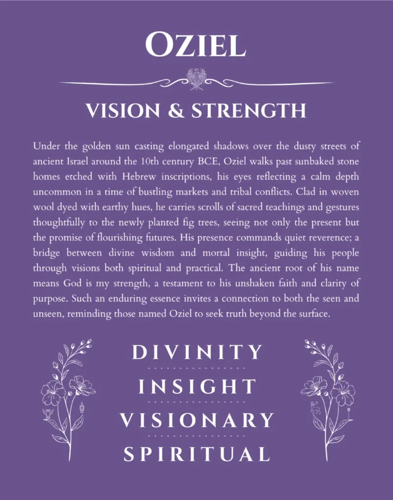 Oziel personalized name art with origin story in purple