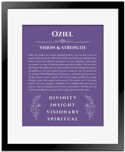 Oziel personalized name art with origin story in purple with black matte frame