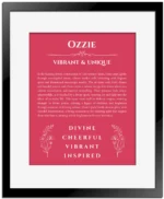 Ozzie name origin print with meaning and traits in red with black matte frame