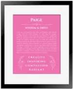 Paige personalized name art with origin story in pink with black matte frame
