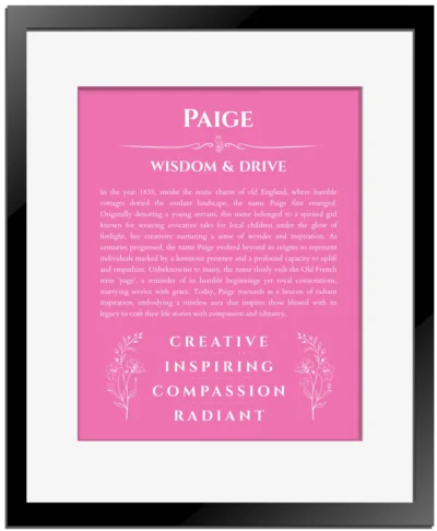 Paige personalized name art with origin story in pink with black matte frame