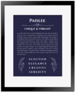 Paislee personalized name meaning print in navy blue with black matte frame