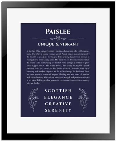 Paislee personalized name meaning print in navy blue with black matte frame