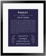 Paisley name meaning gift print in navy blue with black matte frame