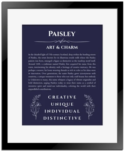 Paisley name meaning gift print in navy blue with black matte frame