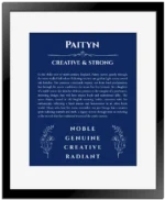 Paityn custom name art showing meaning and origin in deep blue with black matte frame