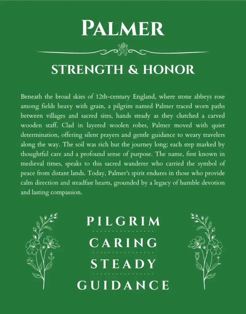 Palmer custom name art showing meaning and origin in dark green