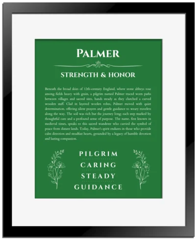Palmer custom name art showing meaning and origin in dark green with black matte frame